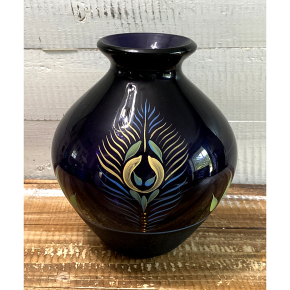 Vintage Fenton Glass Purple Vase Painted Peacock Feather K. Brightbill 7.75" - Picture 7 of 12